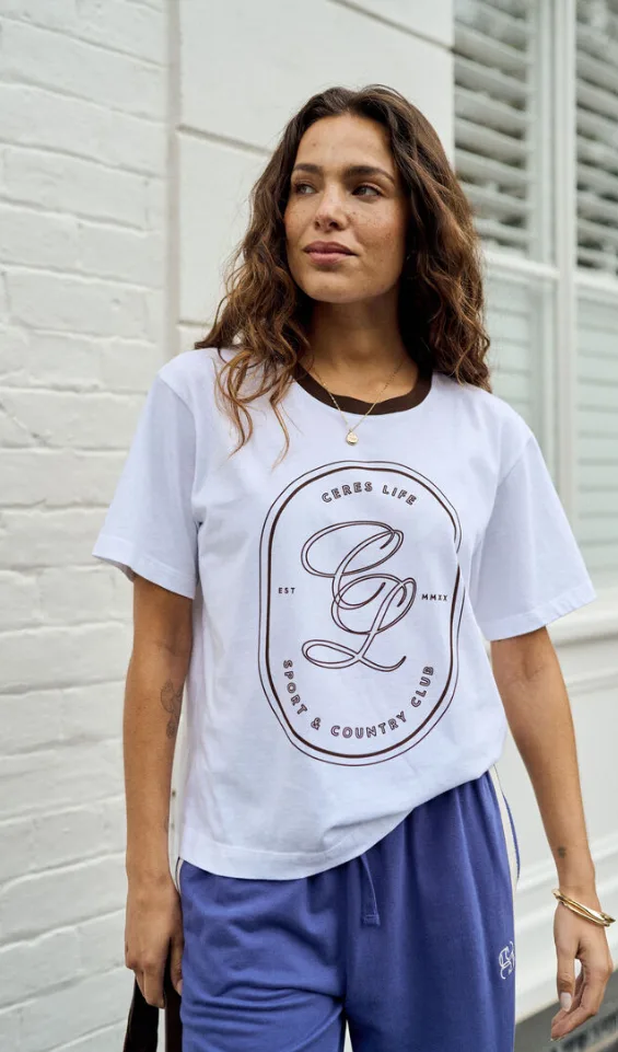 Stevie Slouchy Tee White Choc Sports Logo