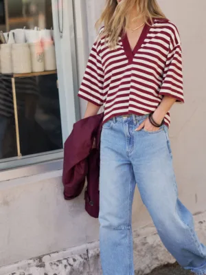 Arlie Short Sleeve Rugby Burgundy Milk Stripe