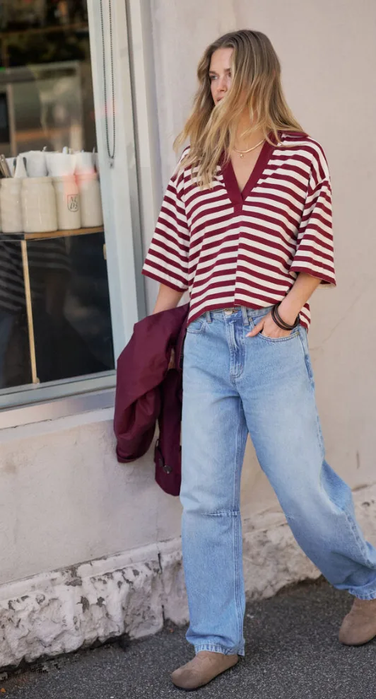 Arlie Short Sleeve Rugby Burgundy Milk Stripe