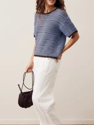 Nina Boxy Knit Tee Brunette Sky Blue Stripe