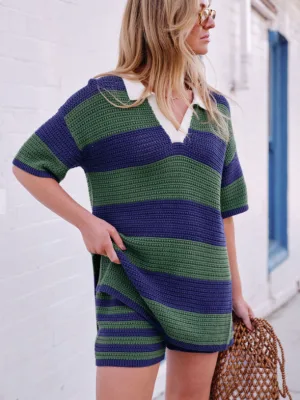 Mara Textured Knit Short Basil Stripe