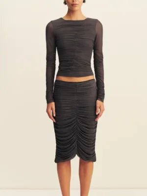 Mira Mesh Gathered Midi Skirt Shadow
