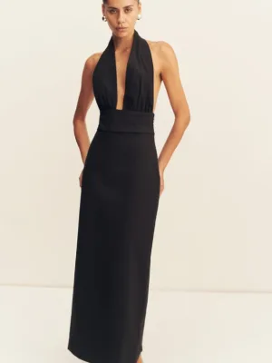 Campbell Halter Plunged Maxi Dress Black