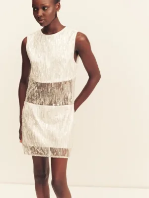 Viva Sequin Sliced Round Neck Mini Dress Ivory