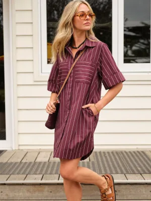 Sara Mini Shirt Dress Wine Pinstripe