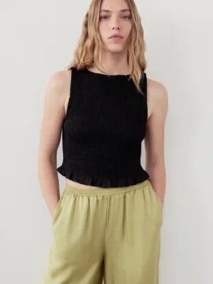 Greta Shirred Populin Top - Black