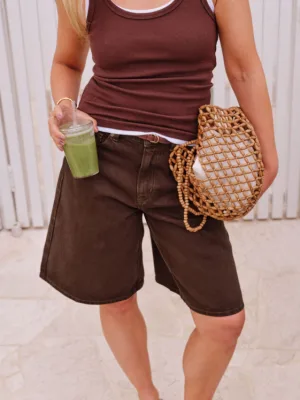 Olive Belted Denim Short Chocolate